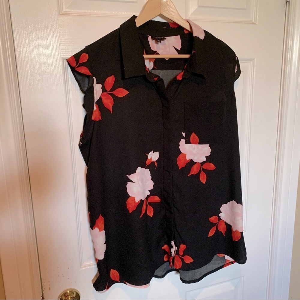 Simon Chang Floral Blouse XXL Black Red White Button Front Plus Size